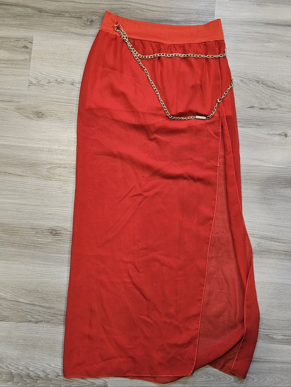 Sheer Red Maxi Skirt with With Under-shorts And Gold Chain Accent